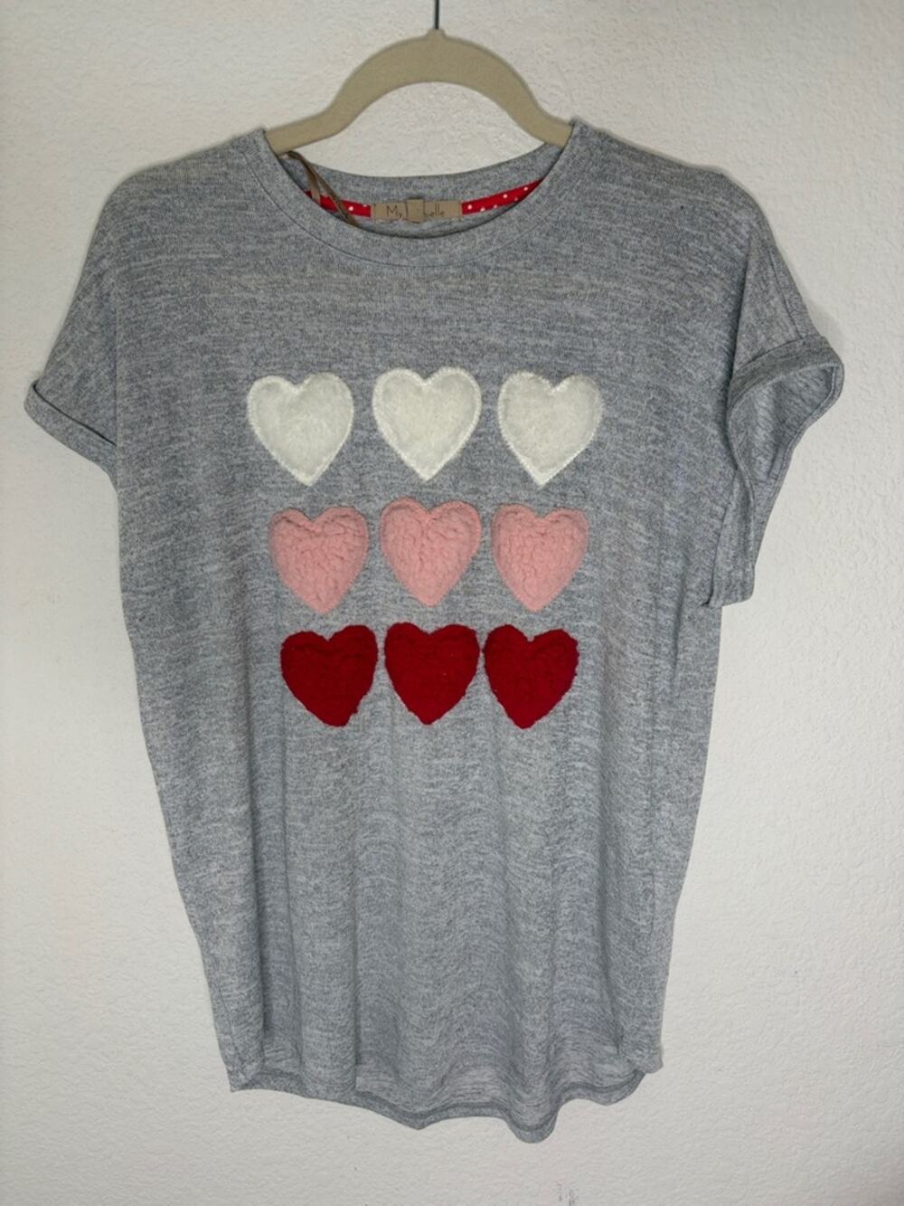 My Danielle Gray Heart Applique Tee with White, Pink & Red Hearts small